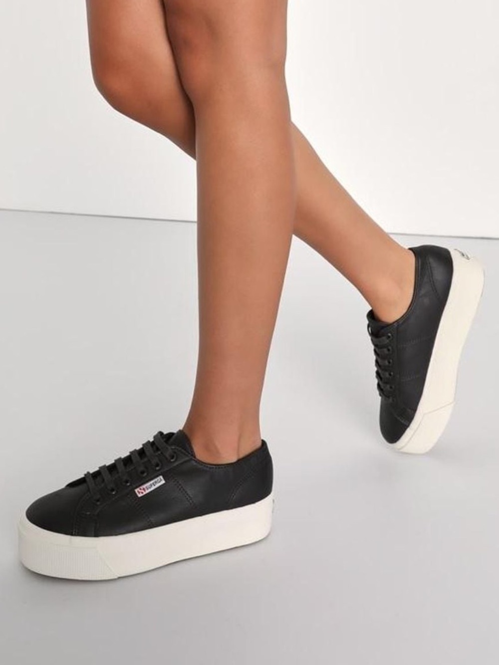 Superga Black Leather Platform Sneakers